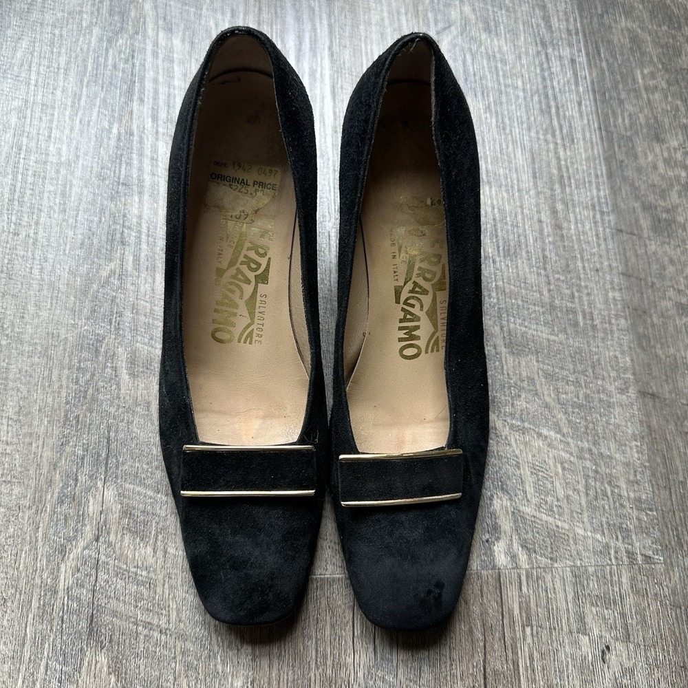 gorgeous vintage Salvatore FERRAGAMO 5 Black Suede Square Toe High‎ Heels Pumps